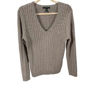 Lauren Ralph Lauren Women's Cable Knit V-Neck Sweater Gray Sz Large